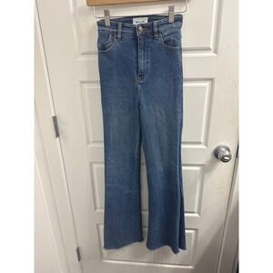 Rollas Eastcoast Crop Flare Jeans High Rise Blue Raw Hem Womens Size 24